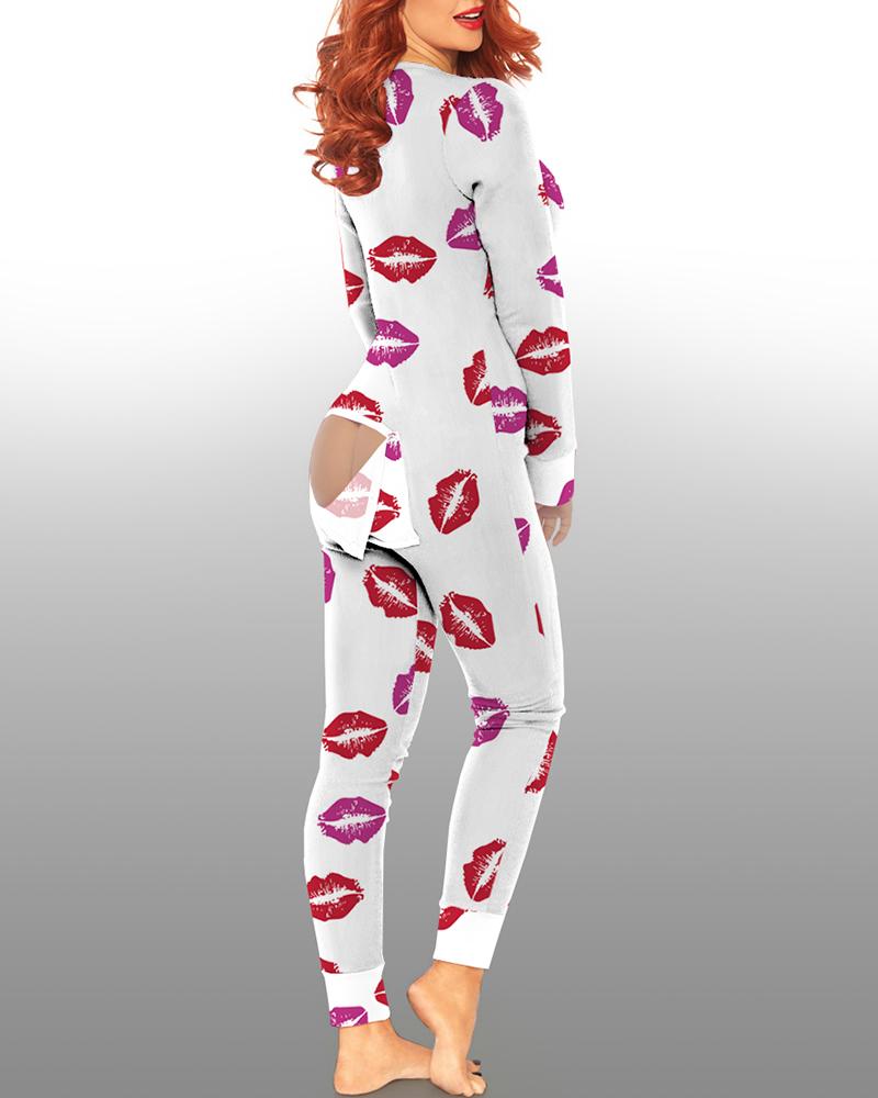 

Lips Print Functional Longue Onesie, White