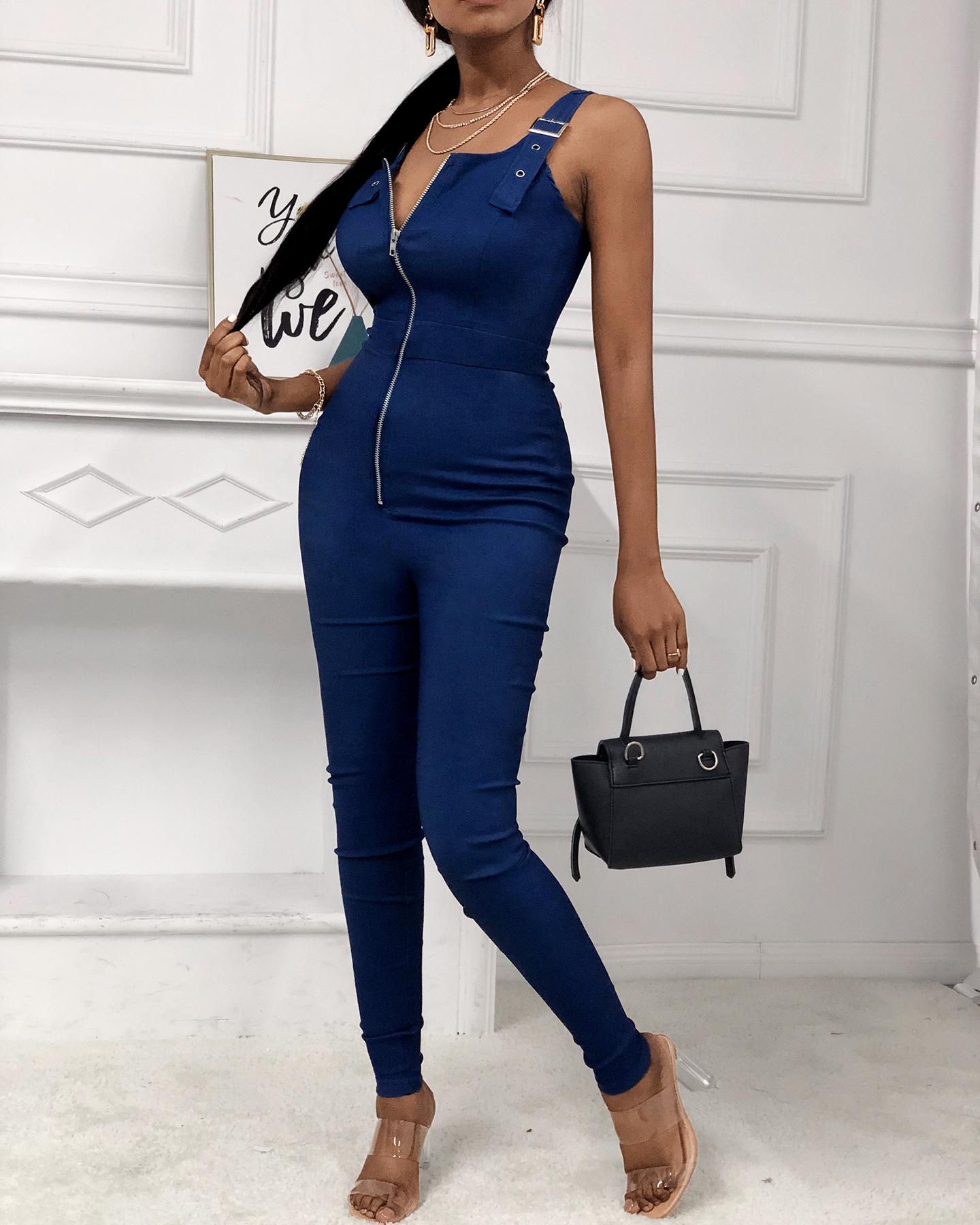 

Eyelet Buckled Zipper Design Sleeveless Jumpsuit, Blue