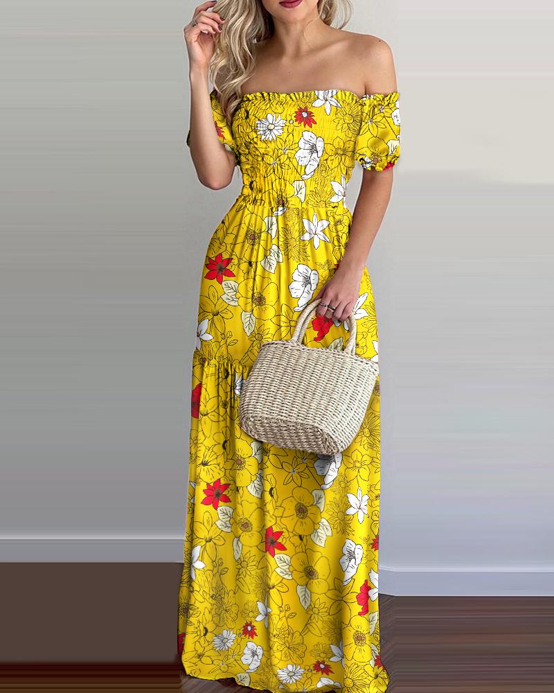 

Floral Print Off Shoulder Shirring Detail Maxi Dress, Yellow