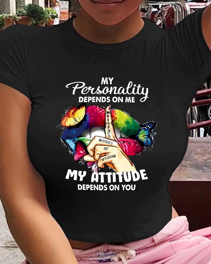 

Plus Size Slogan Print Short Sleeve Casual T-shirt, Black