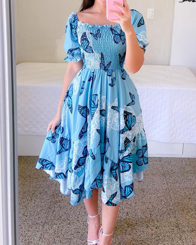 

Butterfly Print Ruffle Hem Asymmetrical Shirred Dress, Blue