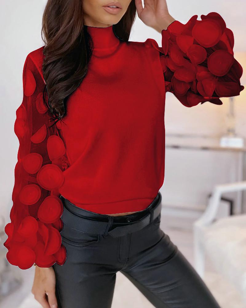 

Polkadot Patch Sheer Mesh Lantern Sleeve Top, Red
