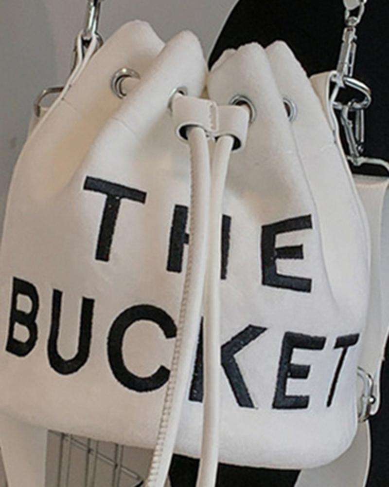 

Velvet Letter Pattern Drawstring Bucket Bag, White