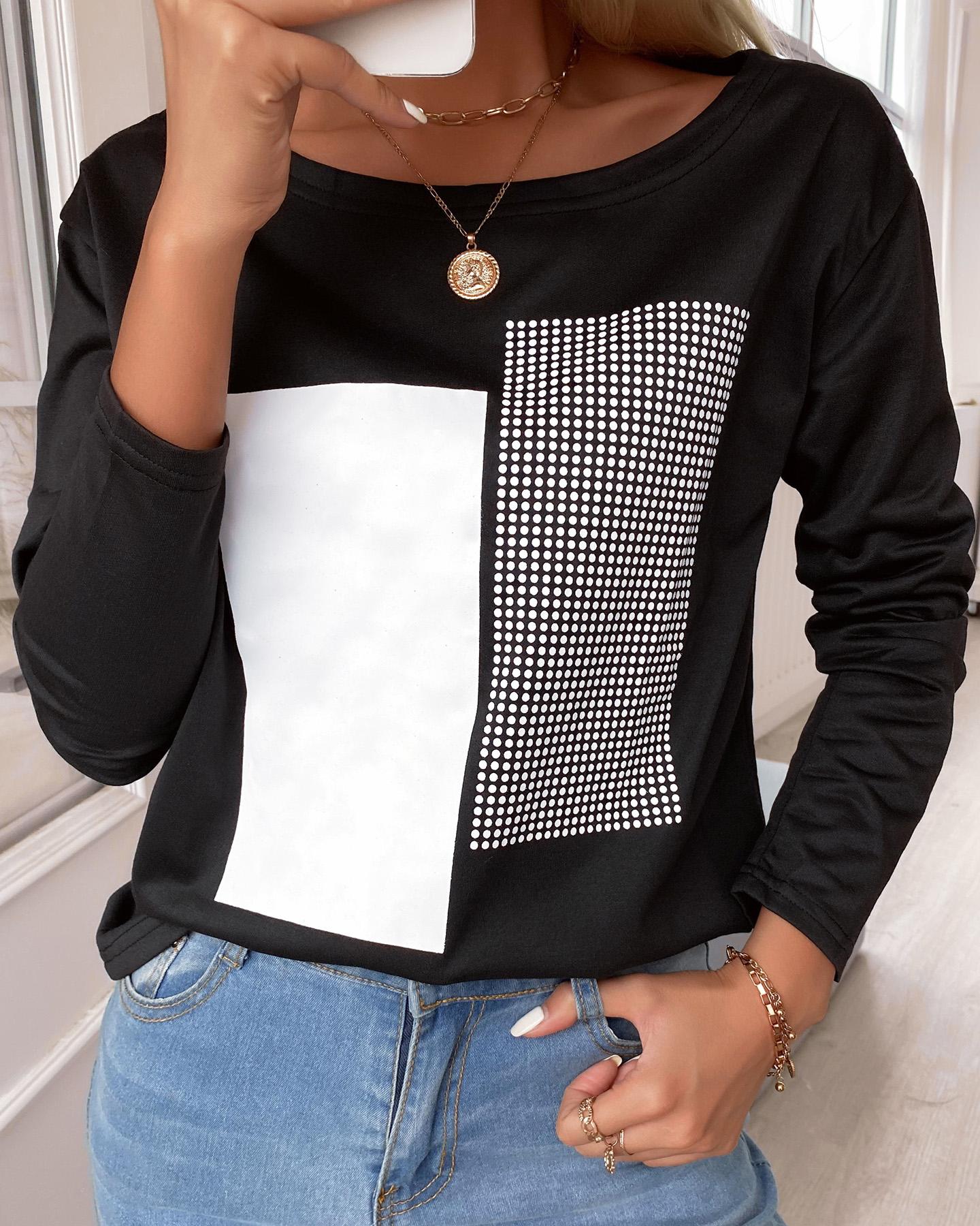 

Hot Stamping Colorblock Round Neck Long Sleeve T-shirt, Black