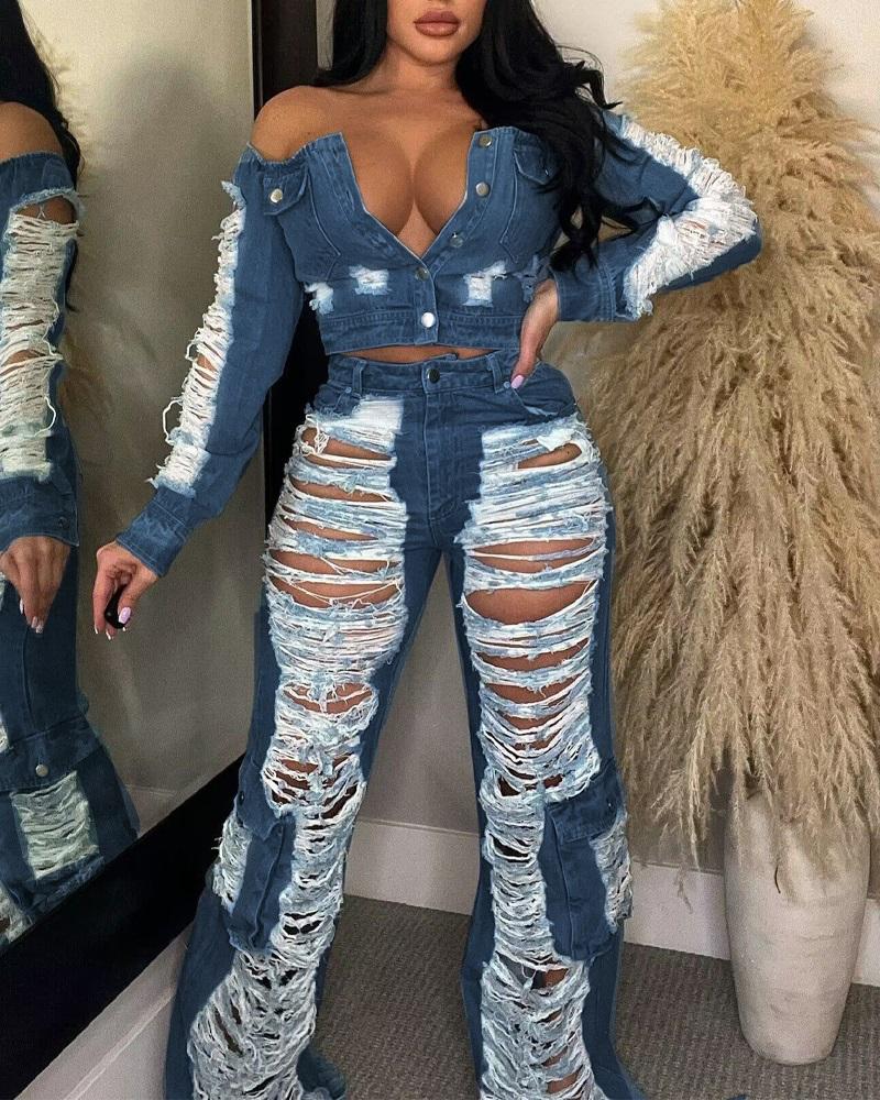 

High Waist Pocket Design Ripped Jeans, Blue