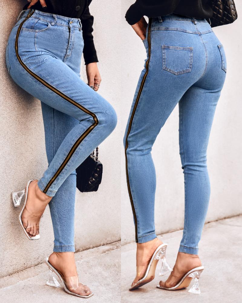 

High Waist Zipper Design Skinny Jeans, Blue