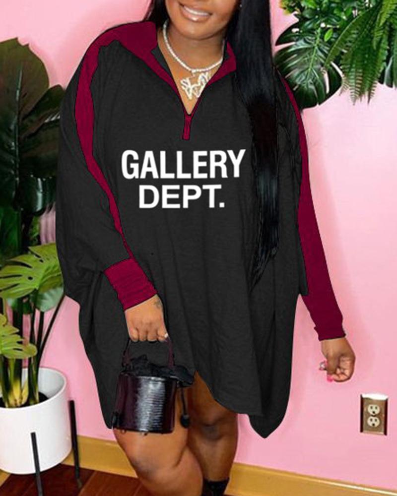 

Letter Print Zipper Design Casual Dress, Black