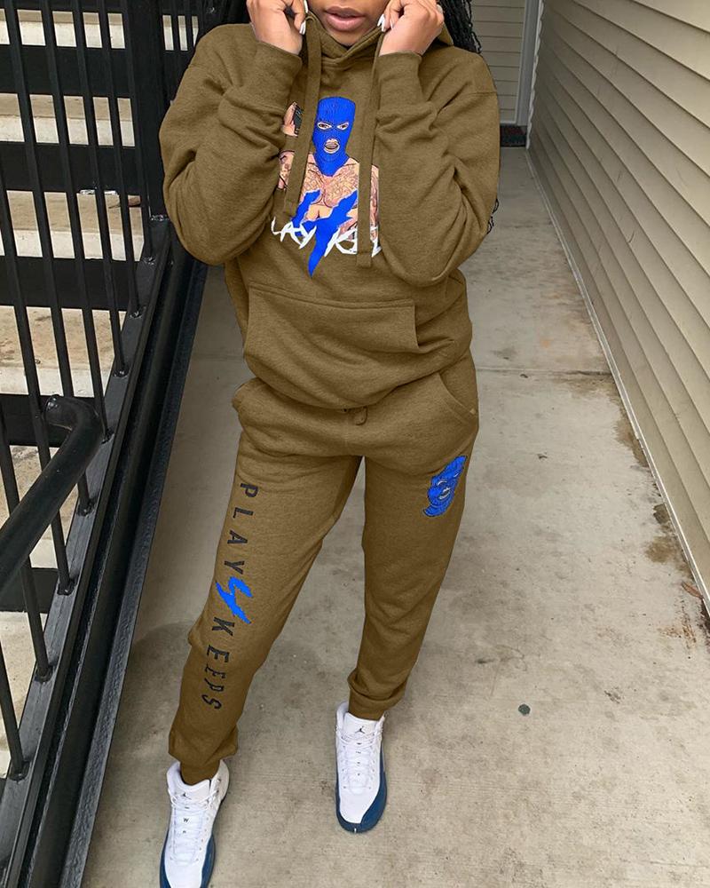

Letter Figure Print Hooded Top & Pockets Pants Set, Army green