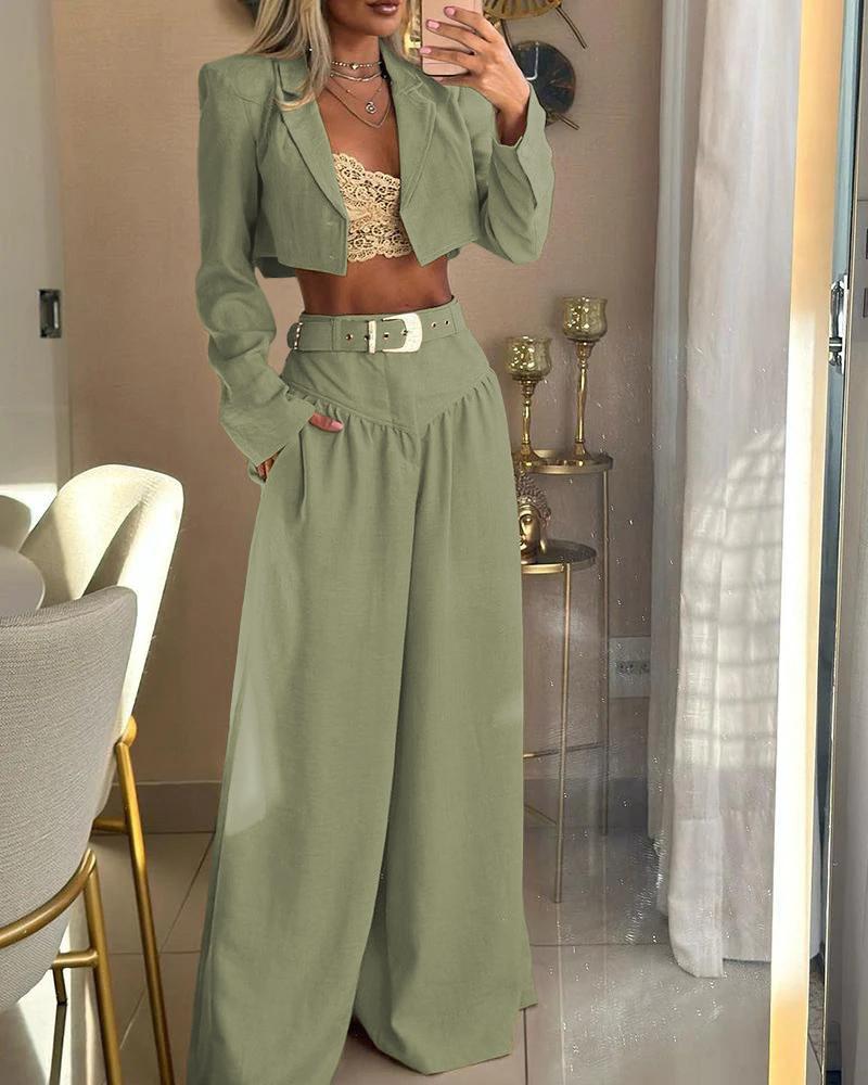 

Notched Collar Crop Blazer Coat & Wide Leg Ruched Pants Set, Army green