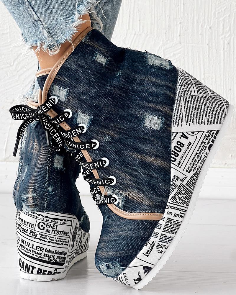 

Newpaper Platform Washed Denim Ripped Wedge Ankle Boots, Dark blue