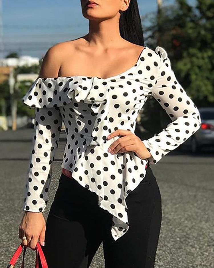 

Dots Ruffle Detail Long Sleeve Top, White