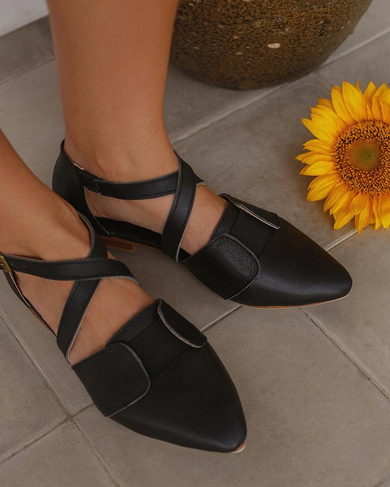 

Pointed-toe Solid Color Cross Strap Flat Sandals, Black