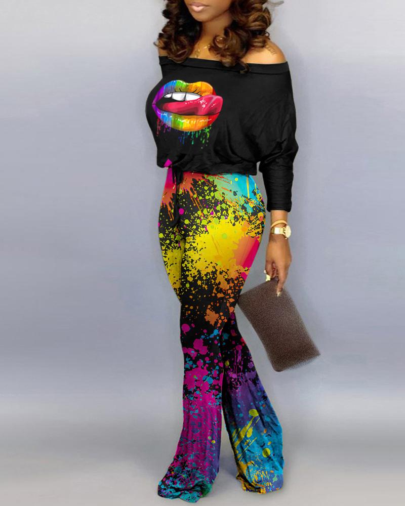 

Off Shoulder Lip Ink Splash Print Long Sleeve Jumpsuit, Black