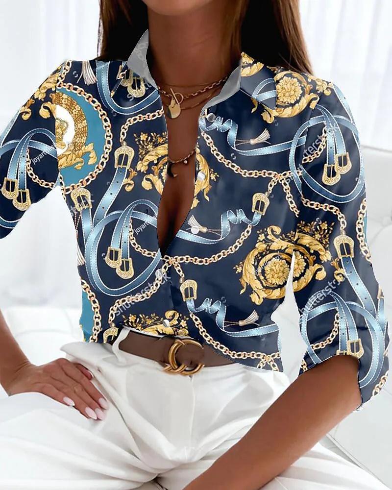 

Baroque Chain Print Long Sleeve Button Down Shirt, Blue