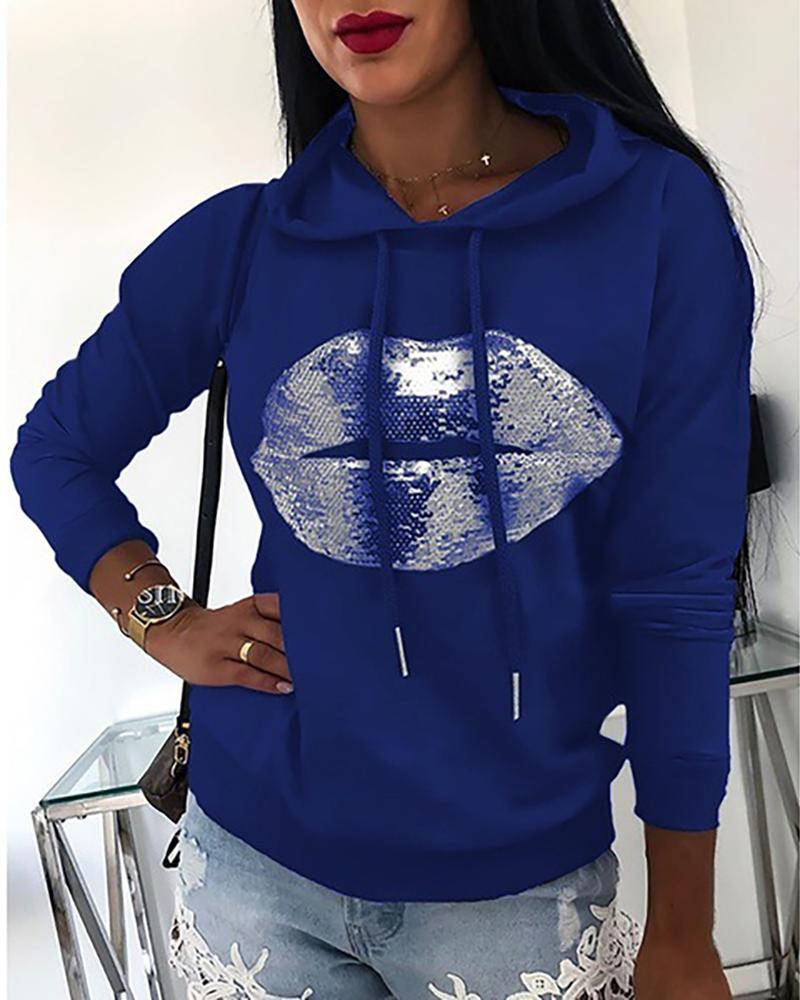 

Lip Pattern Sequins Casual Hooded Sweatshirt, Dark blue