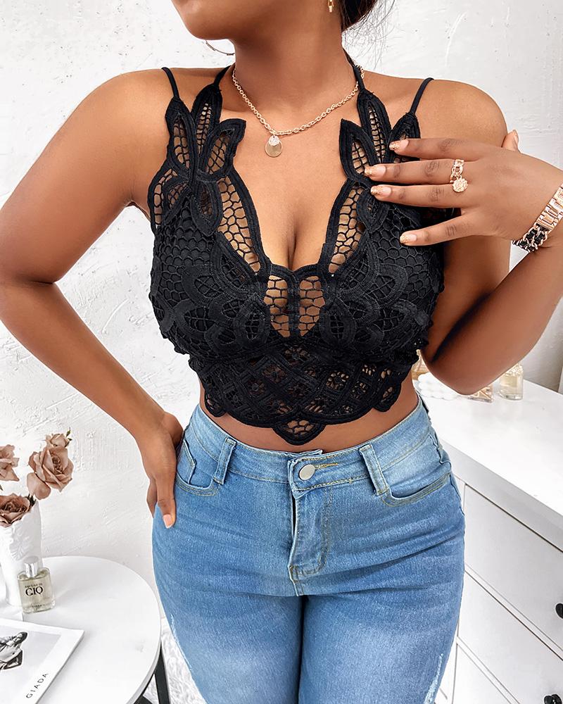 

Criss Cross Backless Lace Crop Cami Top, Black