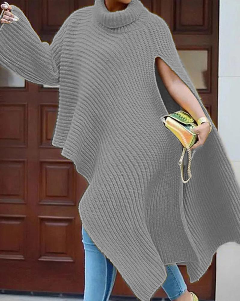 

Plus Size Turtleneck Asymmetrical Hem Sweater, Gray