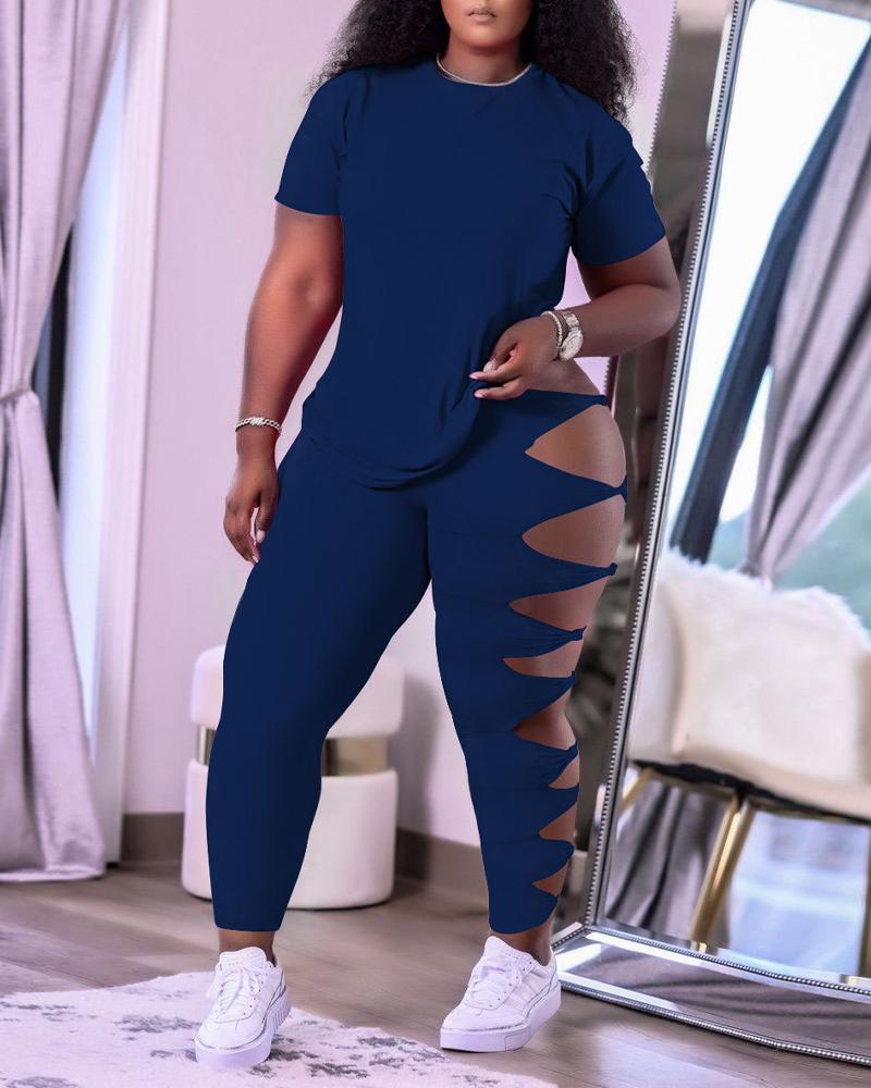 

Casual Top & Knotted Design Cutout Pants Set, Blue