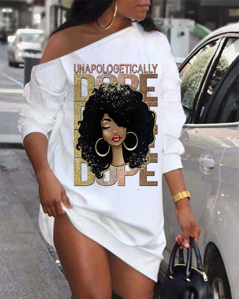 

Figure Letter Print Long Sleeve Casual Dress, White