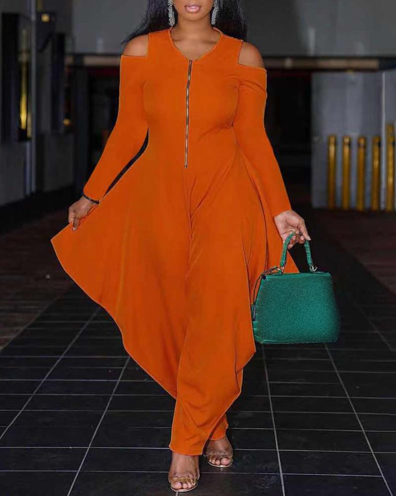 

Cold Shoulder Zip Front Wide Leg Jumpsuit, Orange