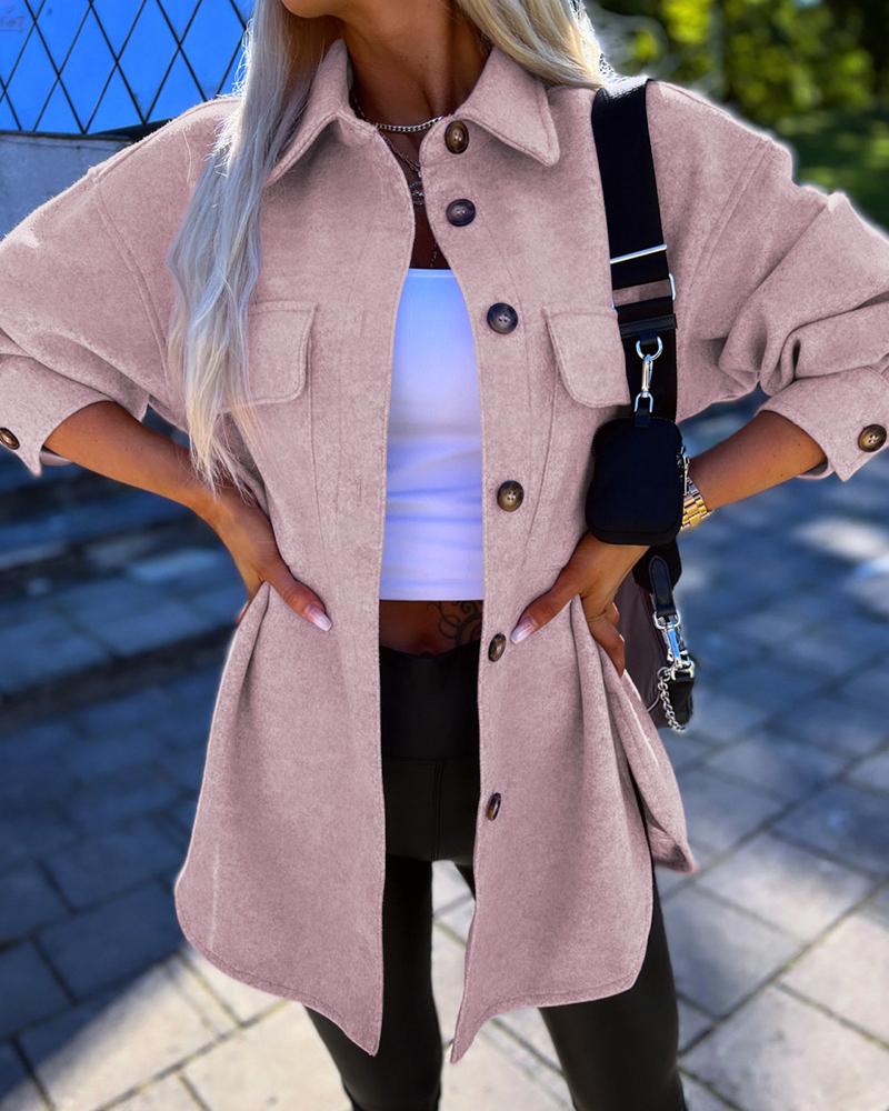 

Long Sleeve Pocket Design Buttoned Coat, Pink