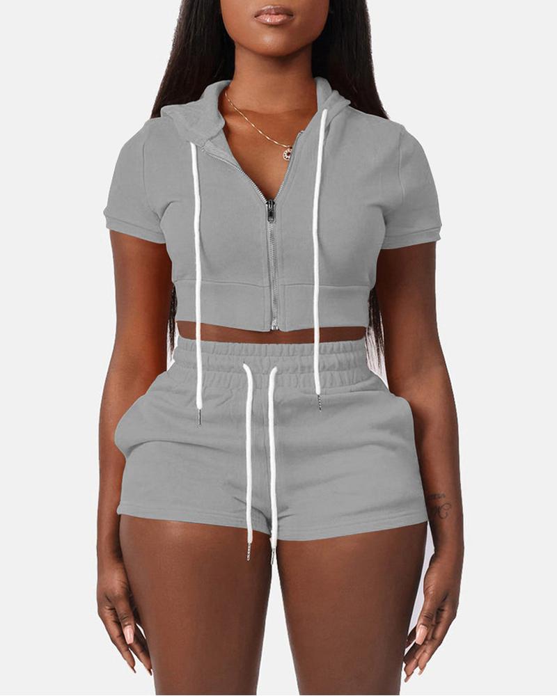 

Zipper Design Hooded Top & Drawstring Shorts Set, Gray