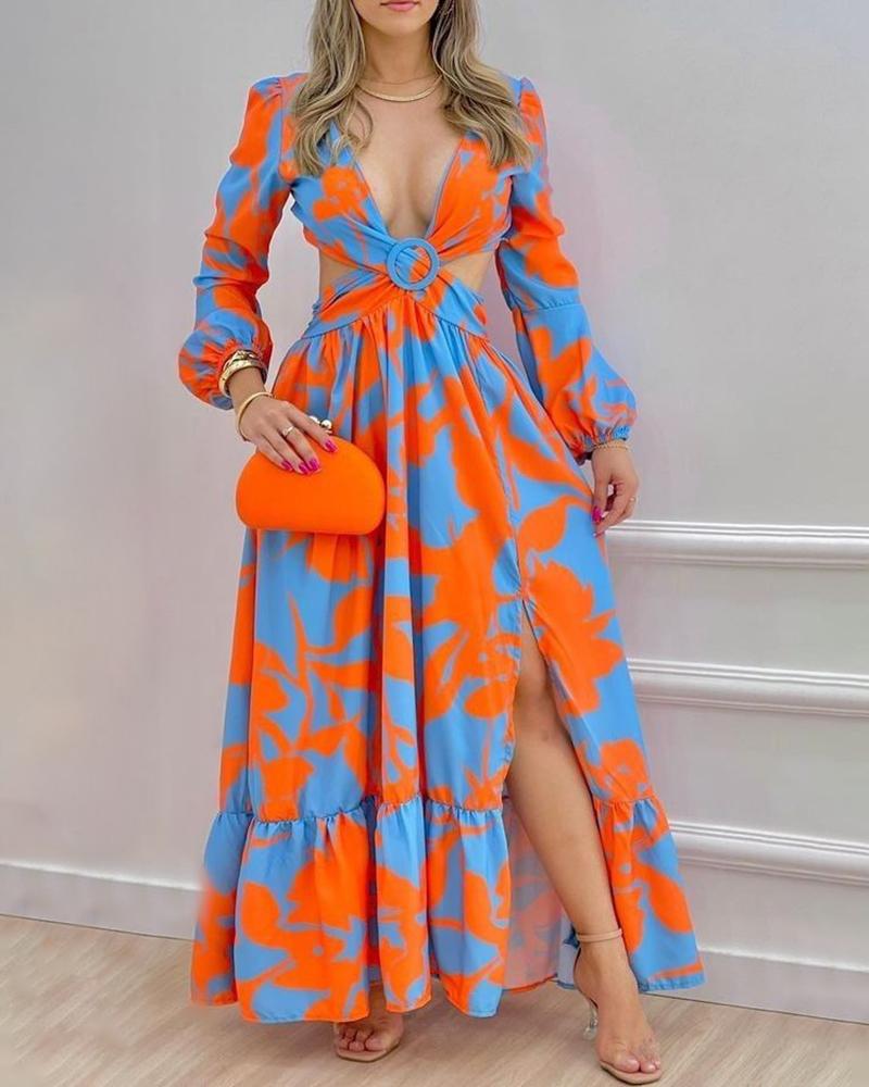 

Tie Dye Print Lantern Sleeve Cutout Slit Dress, Blue