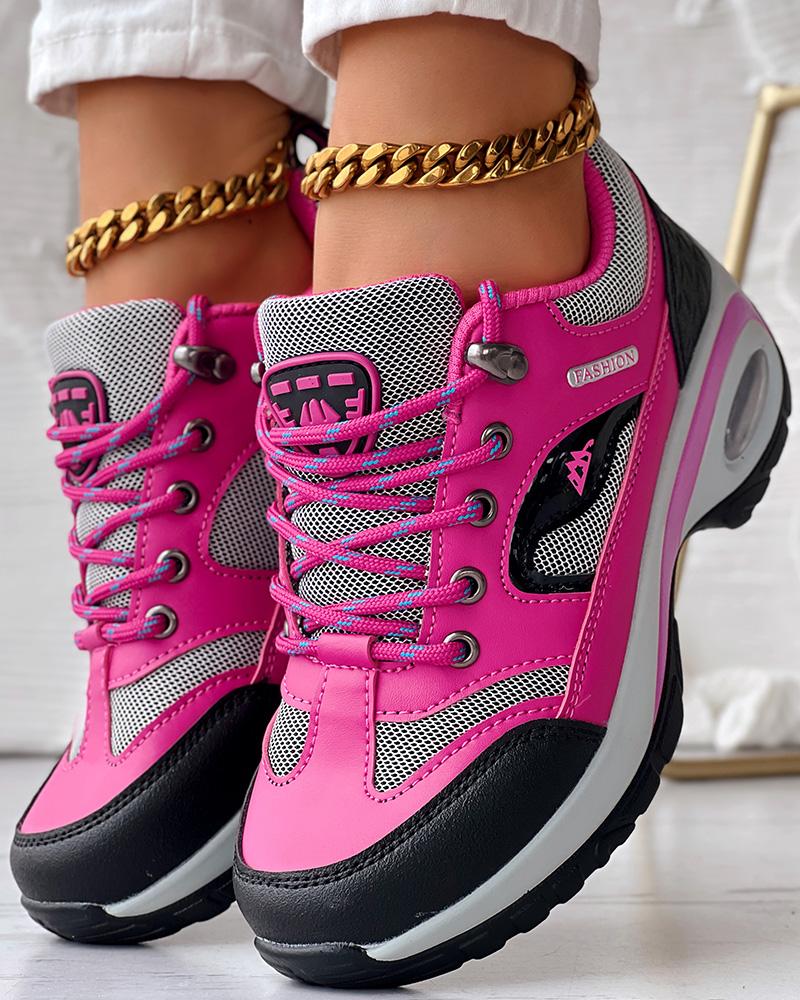 

Colorblock Lace-up Round Toe Sneakers, Hot pink