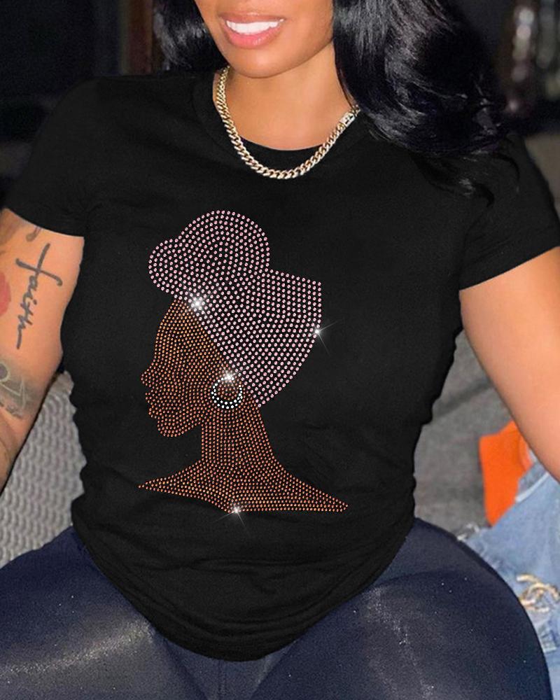 

Plus Size Rhinestone Figure Pattern Casual T-shirt, Black