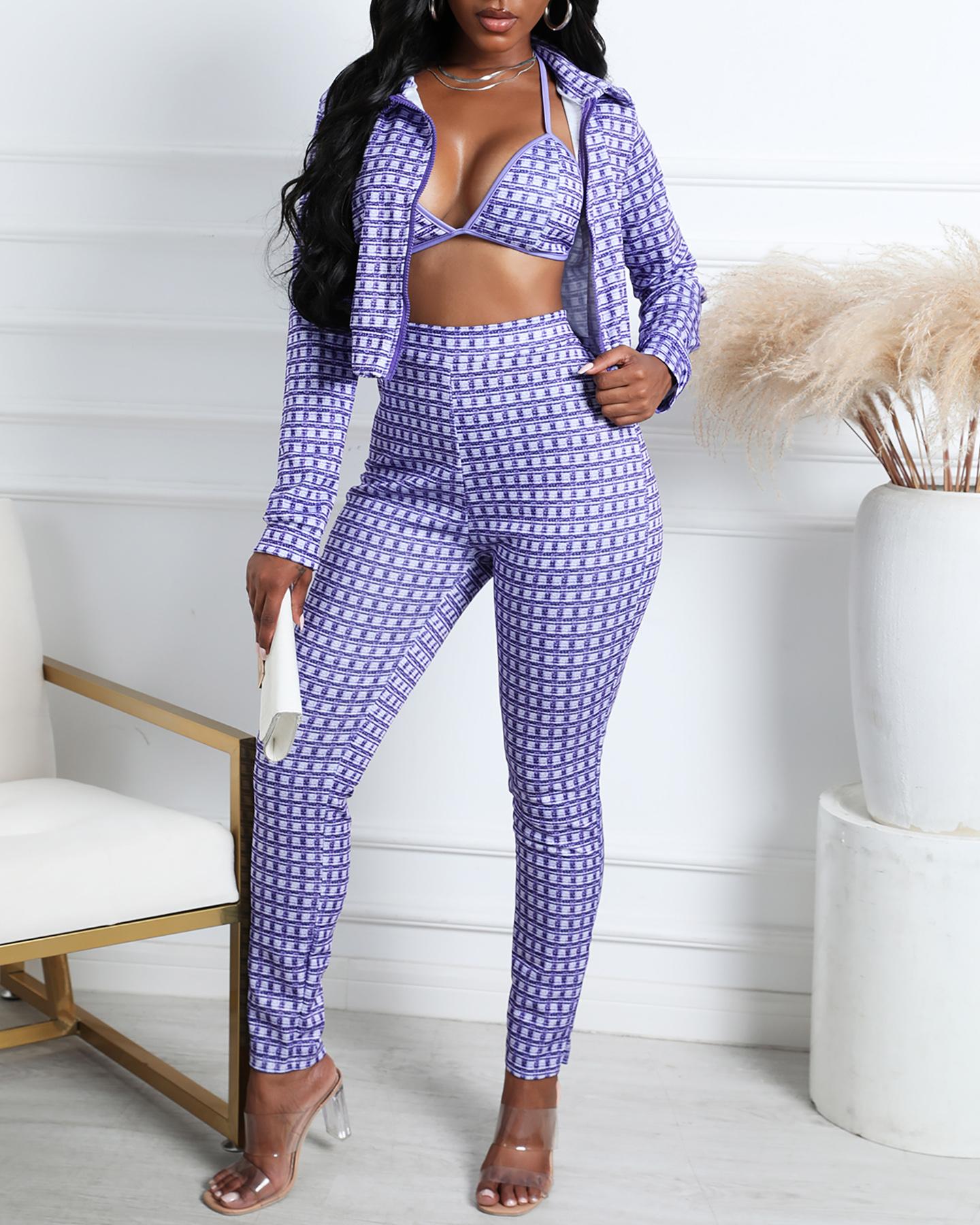 

Colorblock Bra & Long Sleeve Coat & Skinny Pants Set, Purple