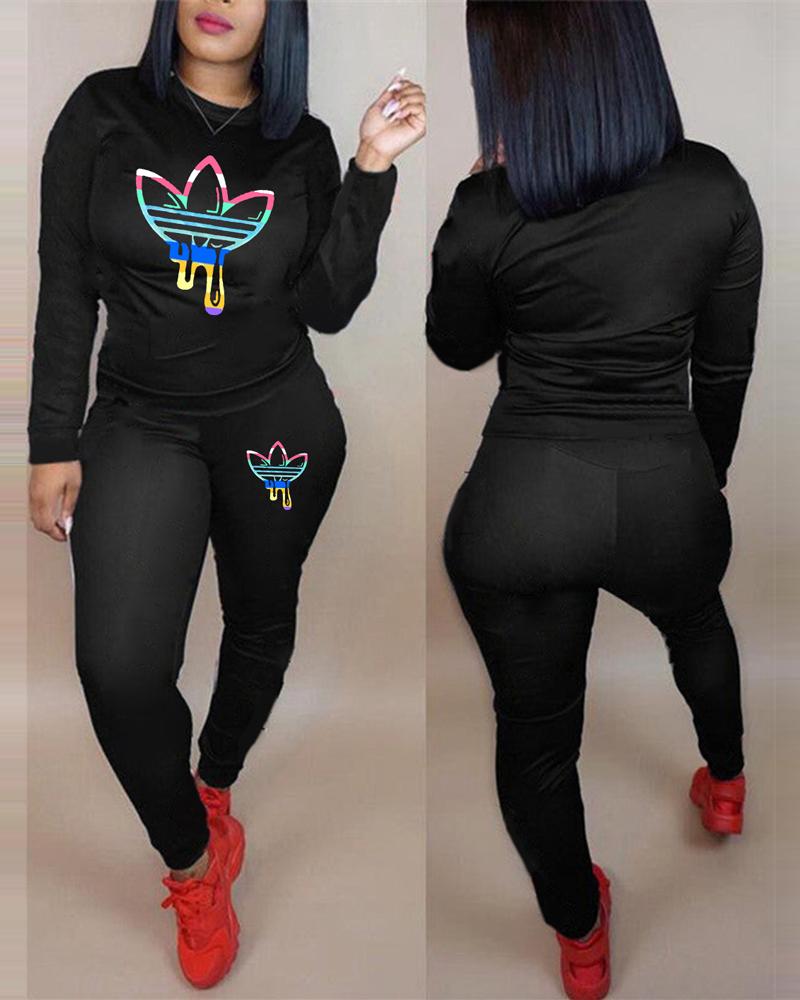 

Graphic Print Long Sleeve Top & Pants Set, Black