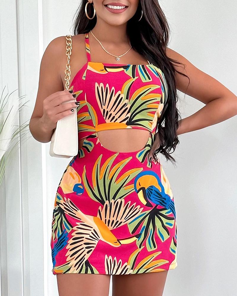 

Tropical Print Halter Cutout Bodycon Dress, Hot pink