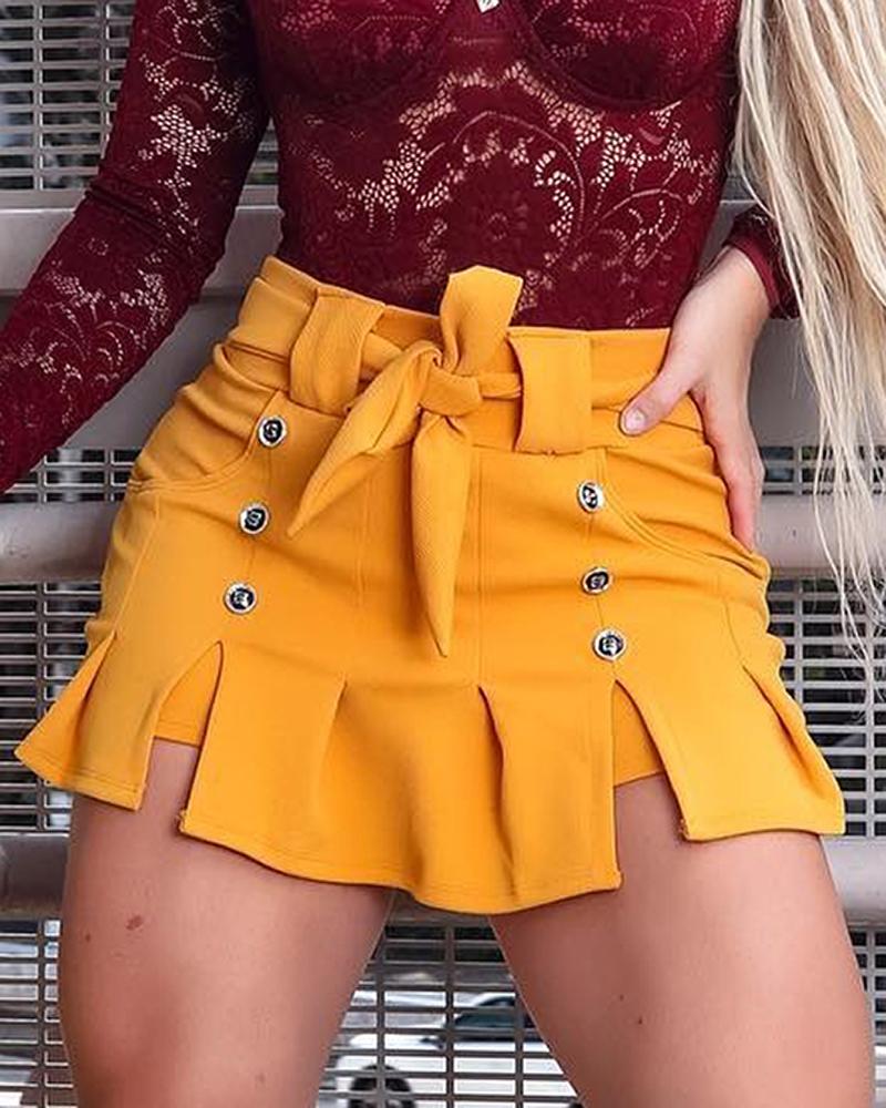 

High Waist Tied Detail Slit Buttoned Skorts, Dark yellow