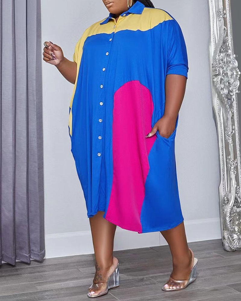 

Plus Size Colorblock Button Down Shirt Dress, Blue
