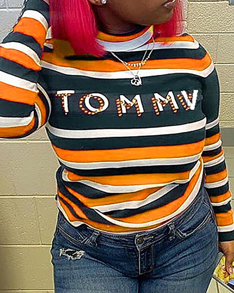 

Letter Striped Print Long Sleeve T-shirt, Yellow