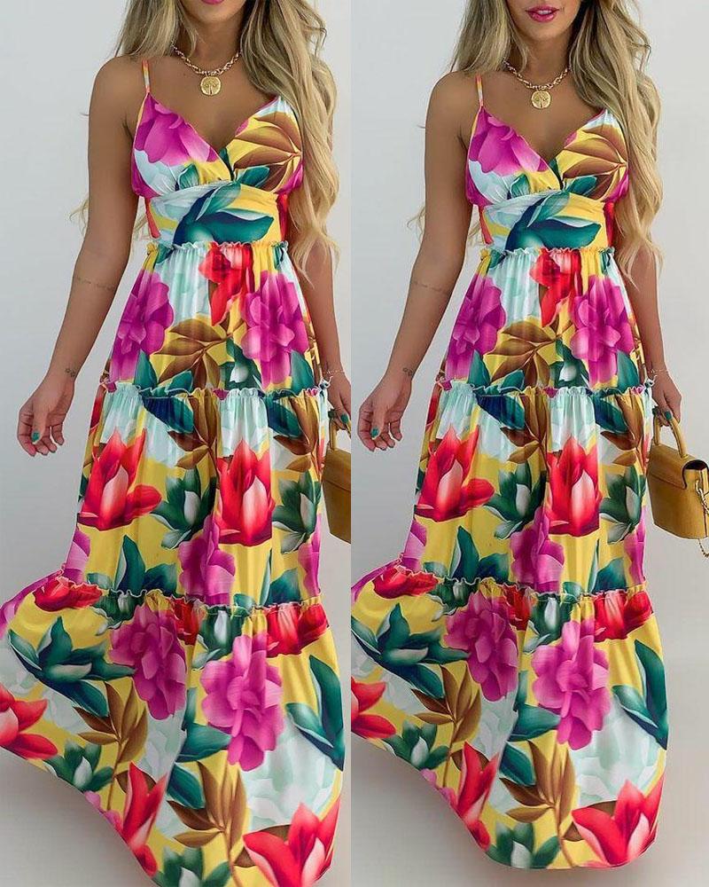 

Floral Print Frill Hem Maxi Dress, Multicolor