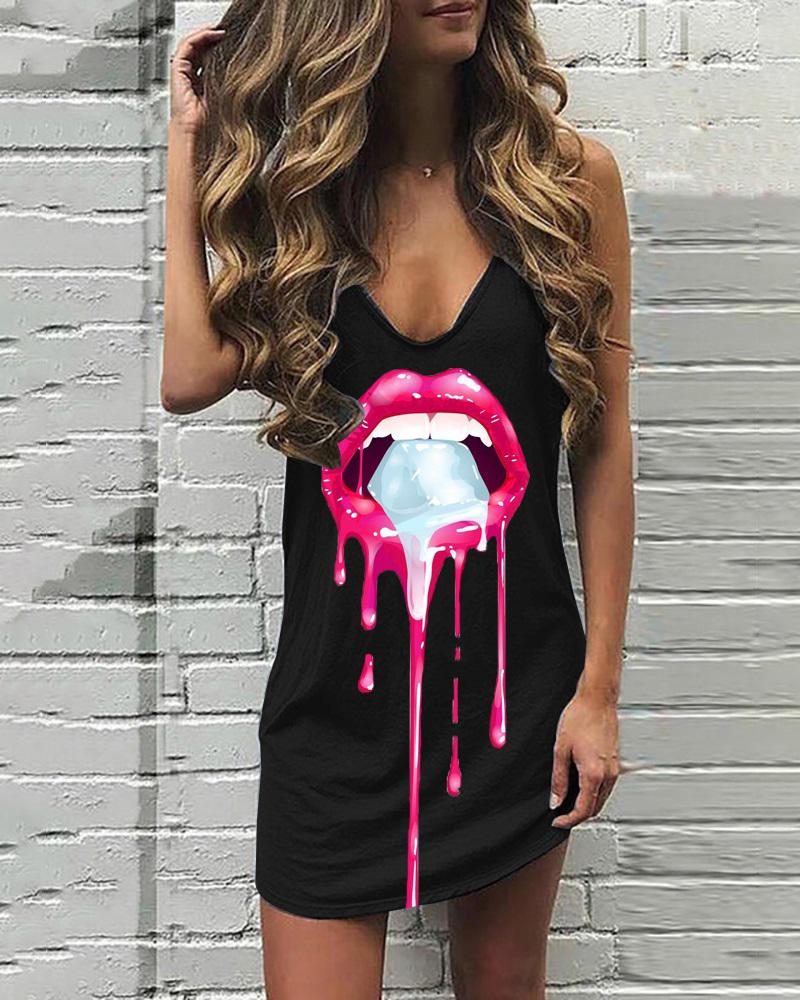 

V Neck Lip Print Sleeveless Casual Dress, Black
