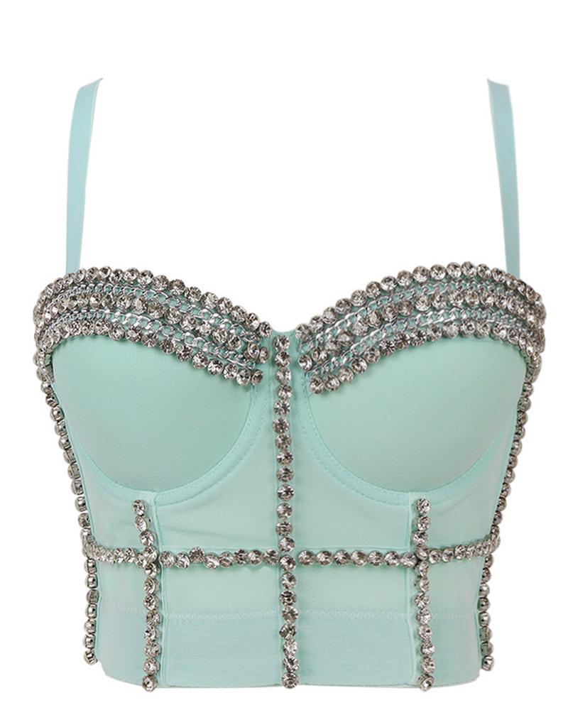 

Studded Rhinestone Chain Decor Crop Corset Top, Green