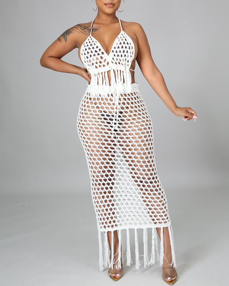 

Knit Hollow Out Tassel Detail Cover Up Set, White
