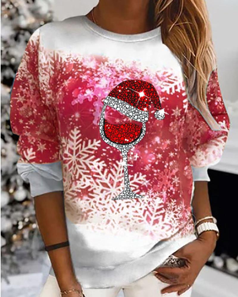 

Christmas Snowflake Wine Glass Print Long Sleeve Top, Red