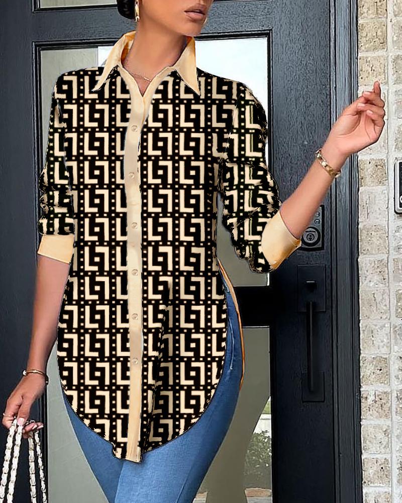 

Geo Pattern Print Slit Buttoned Shirt, Brown