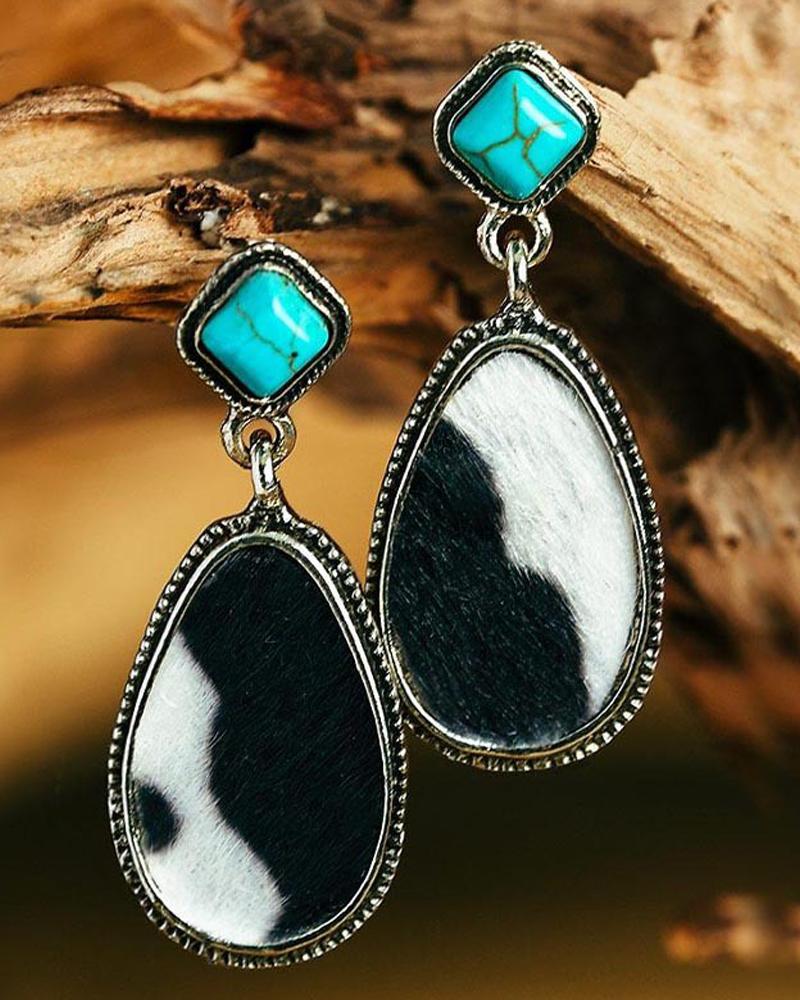 

1Pair Cow Pattern Vintage Turquoise Drop Earrings, Black