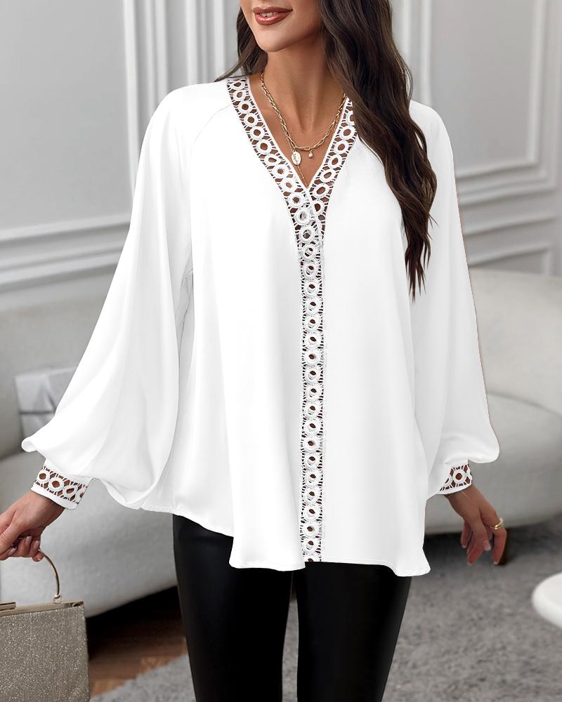 

Lace Patch Lantern Sleeve Hollow Out Top, White