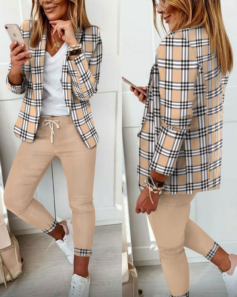 

Plaid Print Long Sleeve Blazer & Pants Set, Apricot