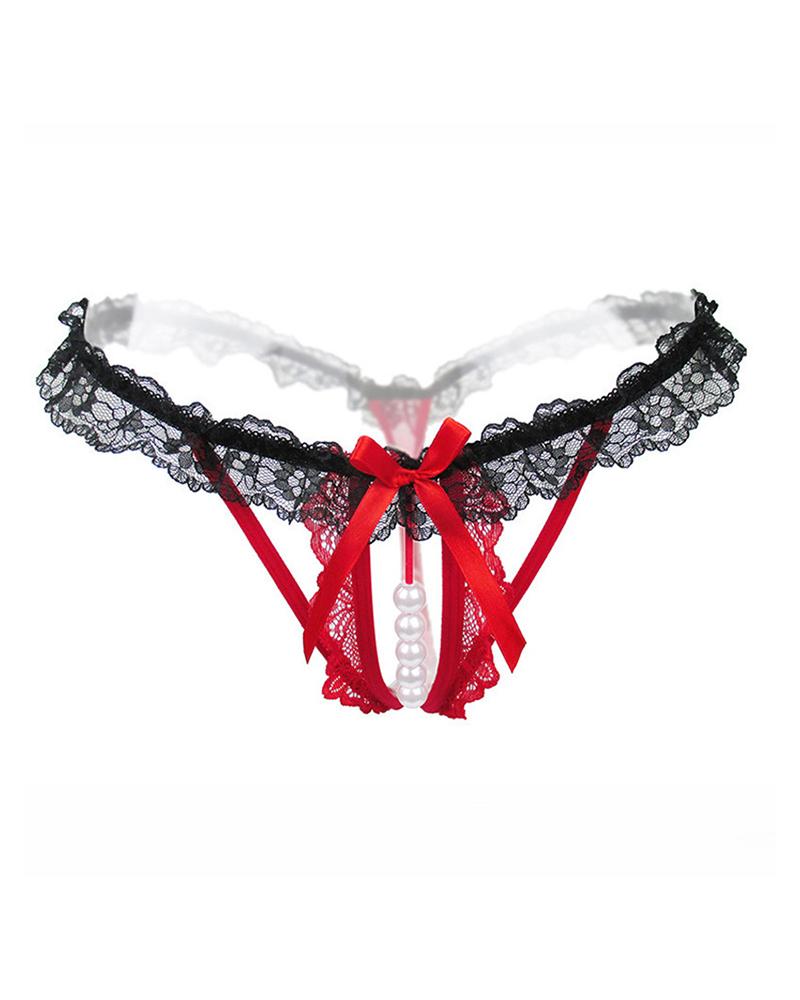 

Lace Trim Bowknot Beaded Strap Thong, Red