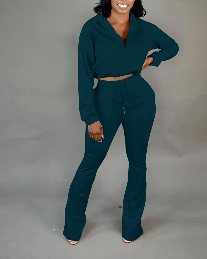 

Long Sleeve Zip Up Crop Top & Bootcut Pants Set, Green
