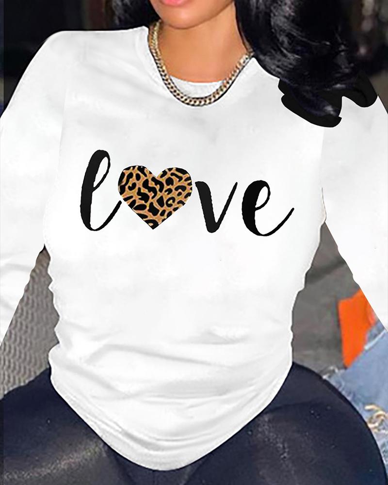 

Letter Heart Print Long Sleeve Casual Top, White