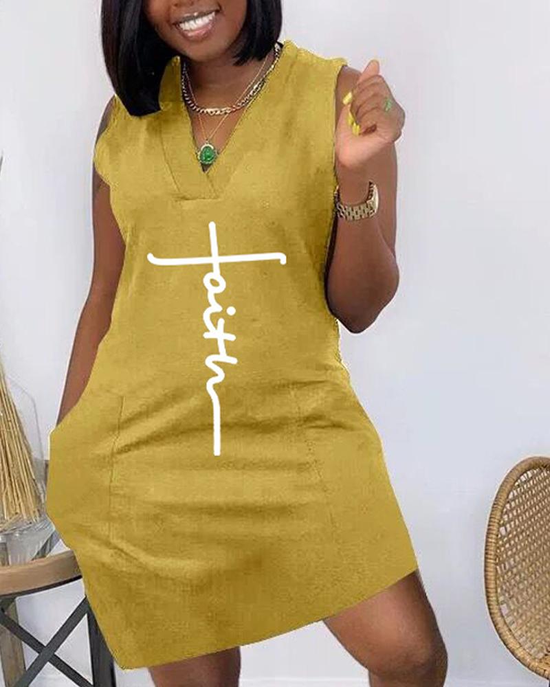 

Letter Print Pocket Detail Sleeveless Casual Dress, Yellow