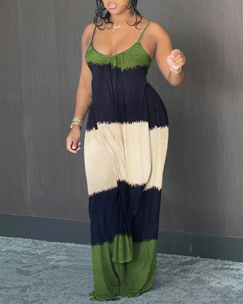 

Asymmetrical Spaghetti Strap Colorblock Top & Pants Set, Green