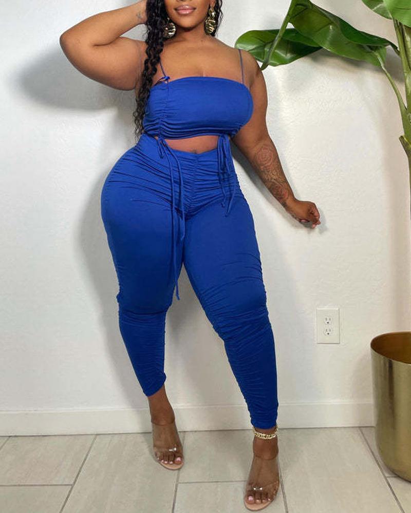 

Drawstring Ruched Crop Cami Top & Pants Set, Blue